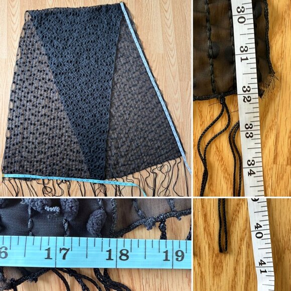 Elegant Black Sheer Mesh Shawl Mini Poms Textured Fringe Night Out Goth Boho - Picture 8 of 10